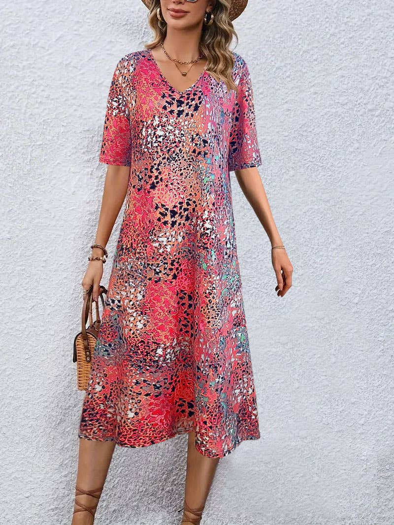 CWDMD5688_SUMMER V-NECK SHORT-SLEEVED FLORAL DRESS