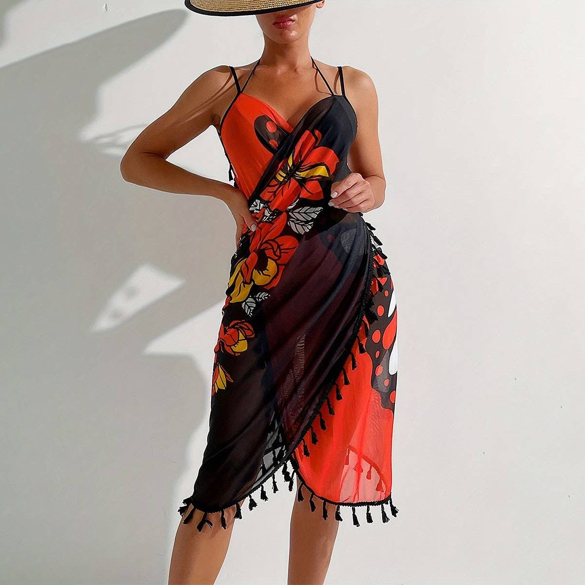 Multi-Way Butterfly Print Tassel Beach Cape Dress