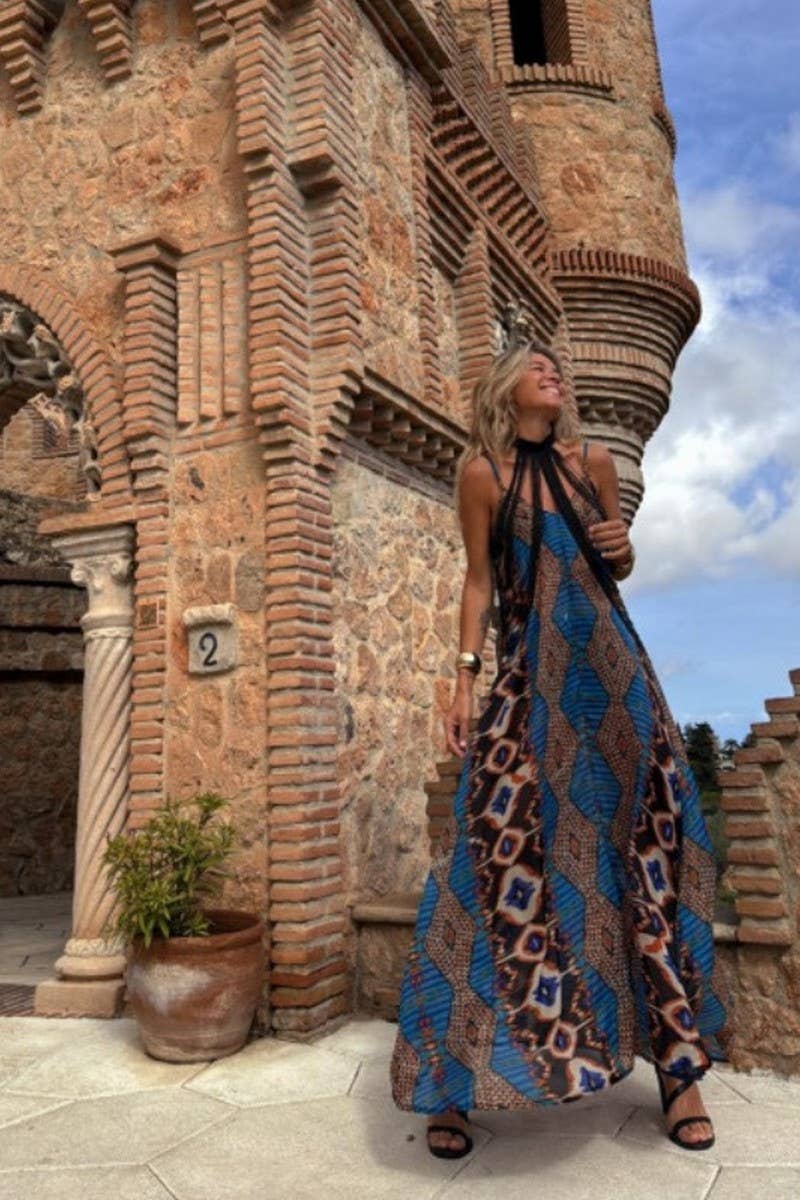 CWDHL0993_NEW SUMMER PRINTED SUSPENDER LONG SKIRT DRESS