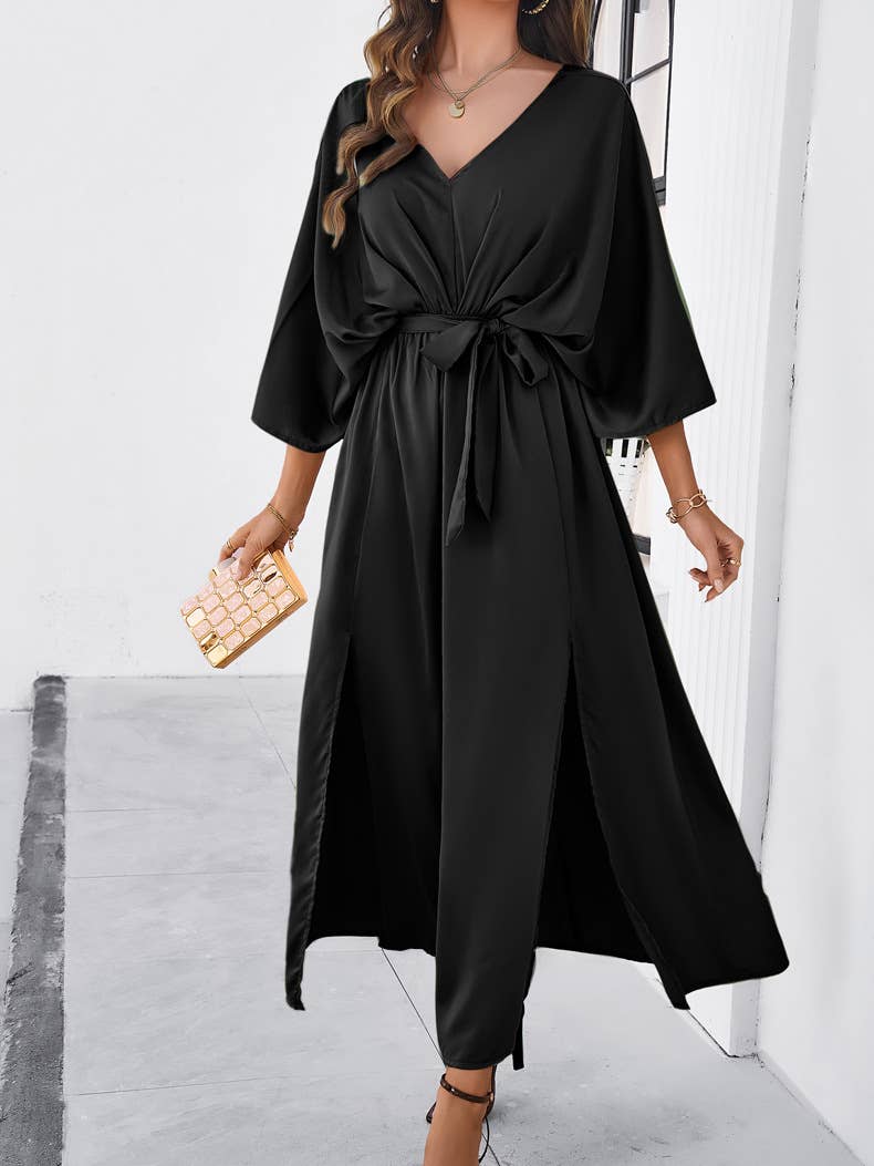 Elegant V-Neck High-Waist Loose Split Maxi Dress