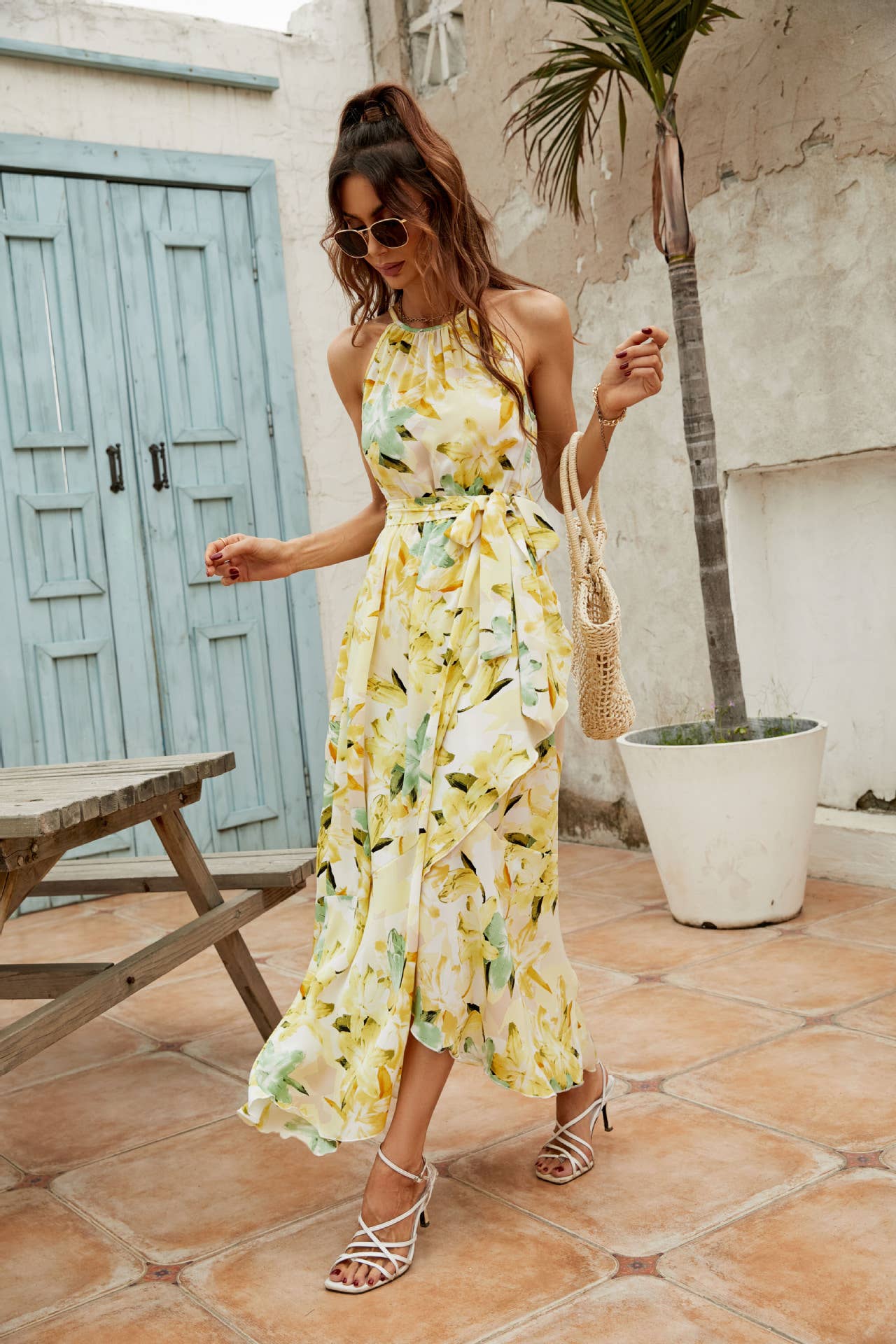 LONG SLIM PRINTED HOLIDAY HALTER DRESS