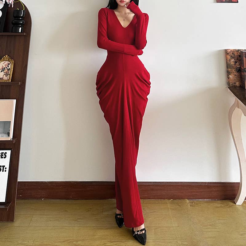 SEXY V-NECK HIGH-WAISTED SLIM DRESS WITH HIP WRAP