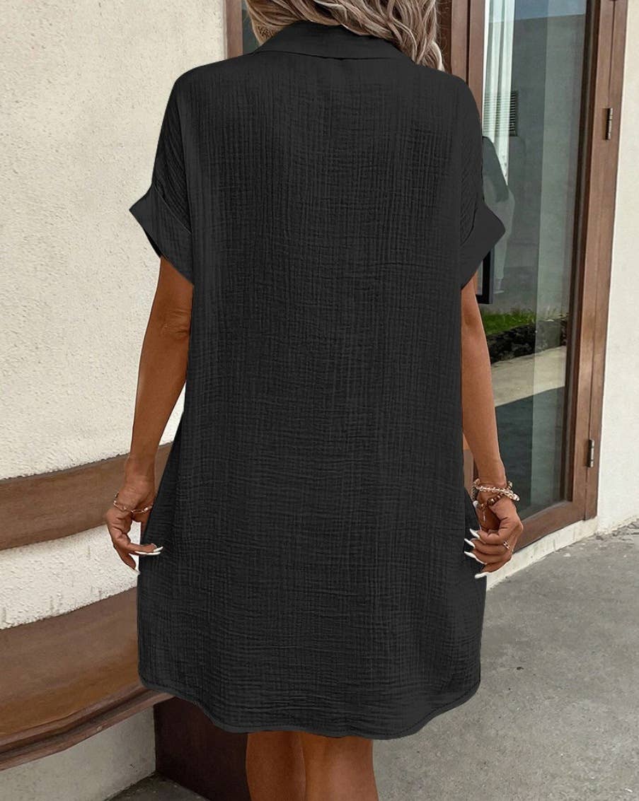 Simple loose V-neck single breasted solid color shirt dress