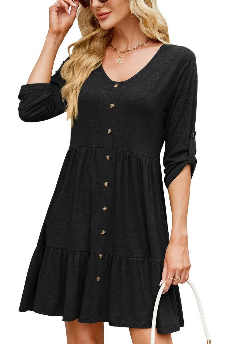 CWDSD7423_SUMMER SOLID COLOR ROUND NECK BUTTON SLEEVE DRESS