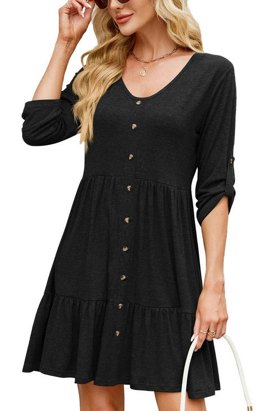 CWDSD7423_SUMMER SOLID COLOR ROUND NECK BUTTON SLEEVE DRESS