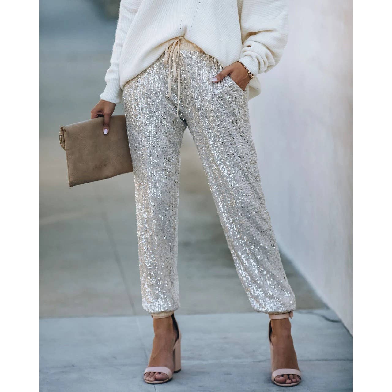 THIN ELASTIC LEG SEQUIN BASIC WOMEN'S PANTS