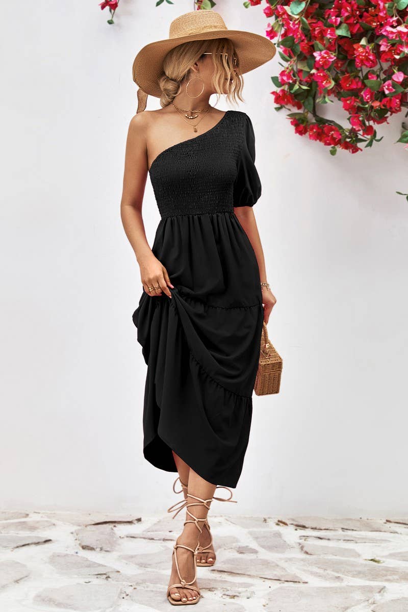 SLANT SHOULDER PUFFY SLEEVE DRESS_CWDSD2635