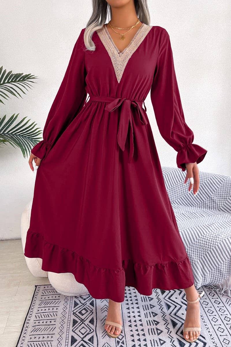 CWDMD4716_TEMPERAMENT V-NECK LACE WAIST RUFFLED LONG SKIRT