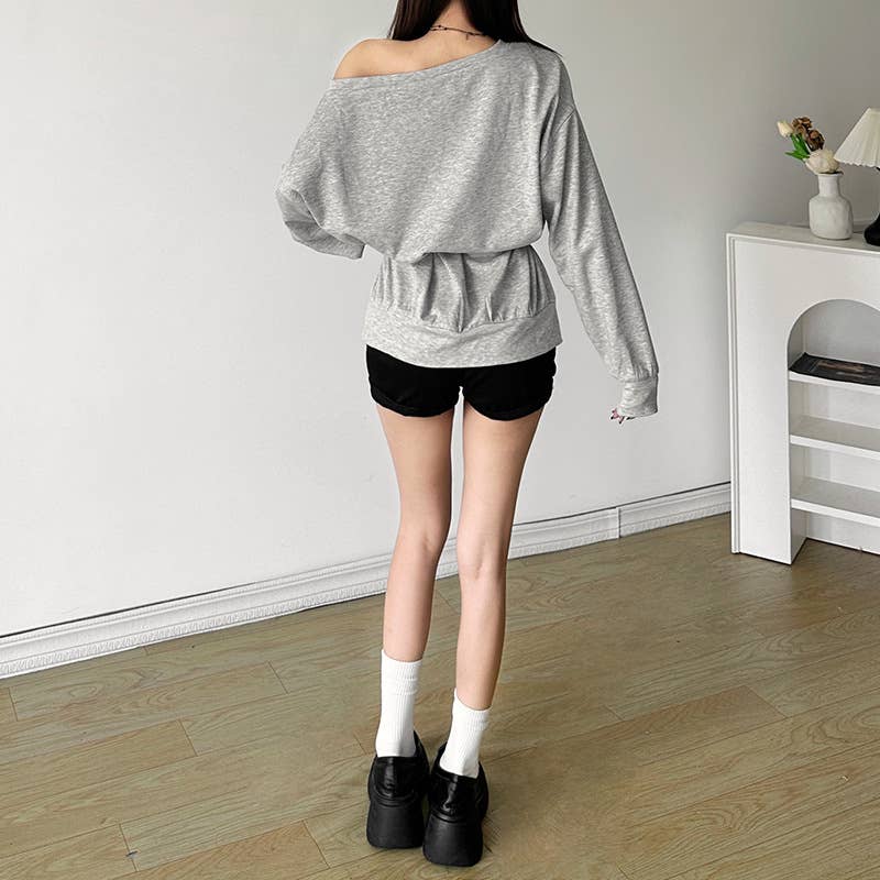 SLANT SHOULDER LETTER-PRINT LOOSE PULLOVER HOODIE