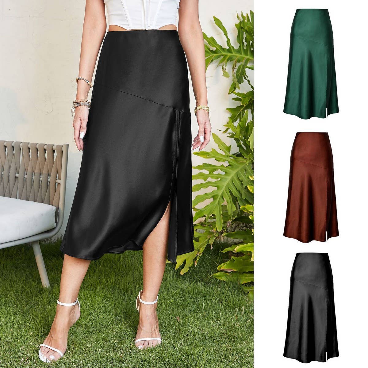 HIGH WAIST SATIN SKIRT SOLID COLOR SLIT LONG SKIRT