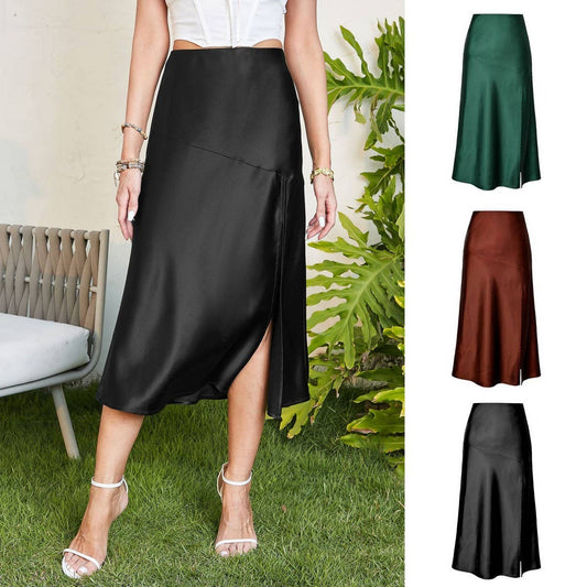HIGH WAIST SATIN SKIRT SOLID COLOR SLIT LONG SKIRT