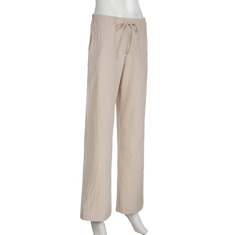 Simple style solid-color drawstring woven pants