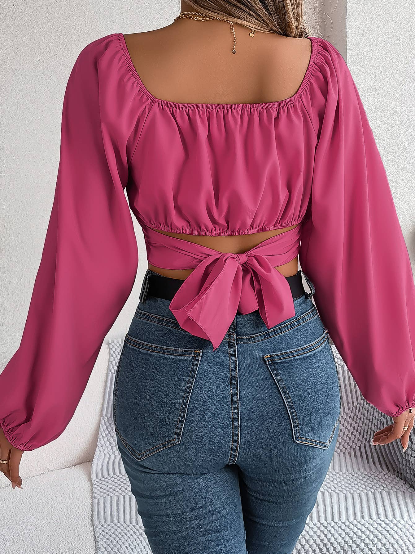 LANTERN SLEEVE LACE-UP WAIST CHIFFON CROP TOP