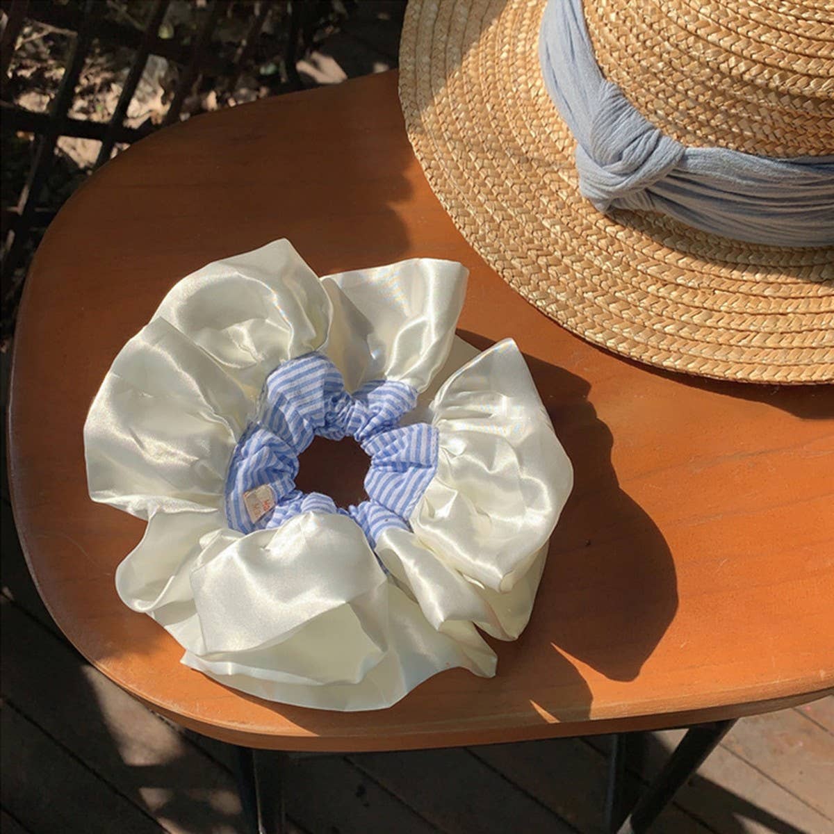 Blue Plaid Satin XL Scrunchie Hair Tie_CWAHA5518