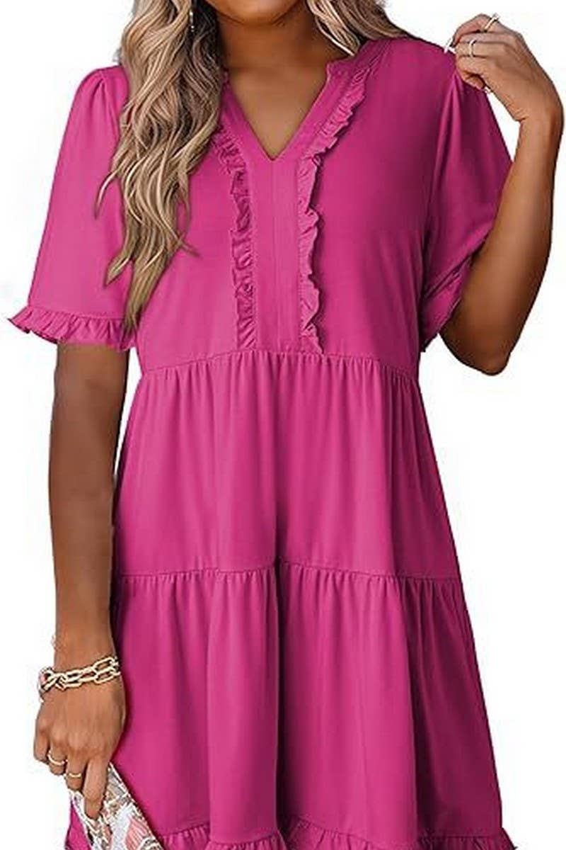 CWDSD8780_V-NECK SHORT-SLEEVED CASUAL A-LINE RUFFLED MINI DR