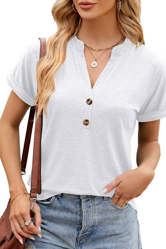Cwtts1348_Solid Color V-Neck Button Short-Sleeved T-Shirt