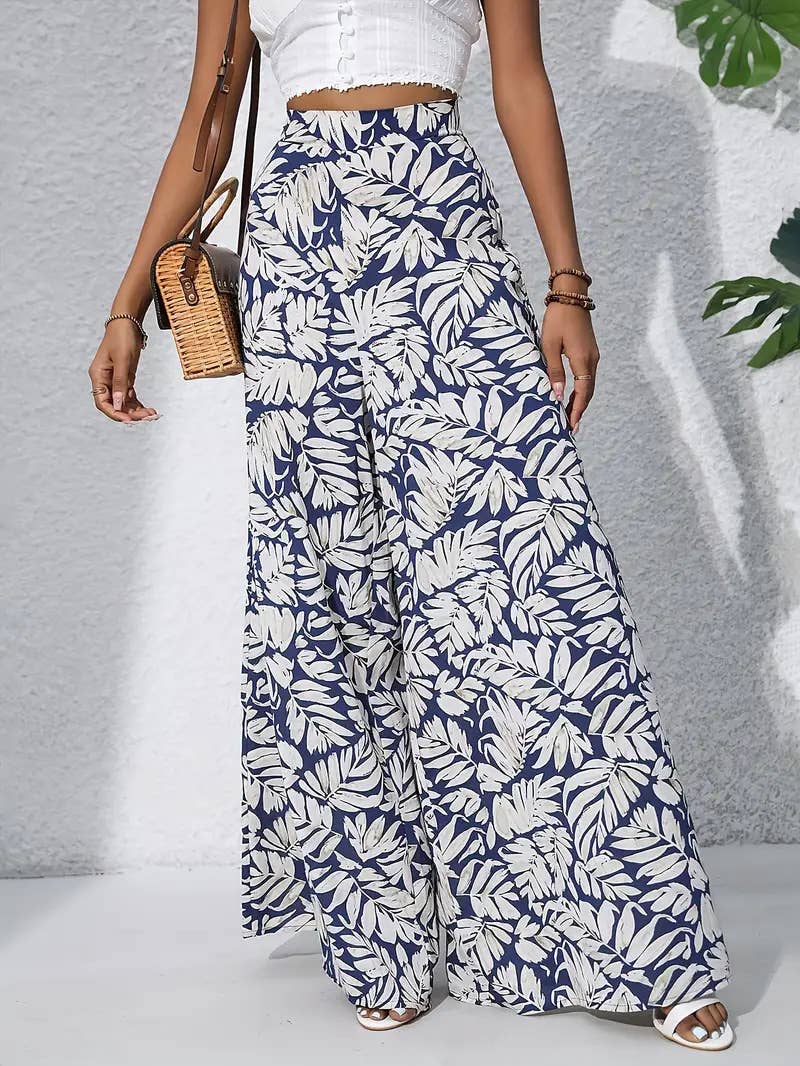 Plant-printed high-waisted wide-leg trousers