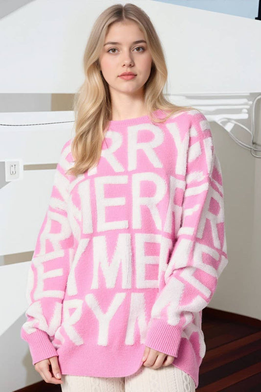CWOSWL07750_CHRISTMAS LETTER LOOSE KNIT PULLOVER SWEATER