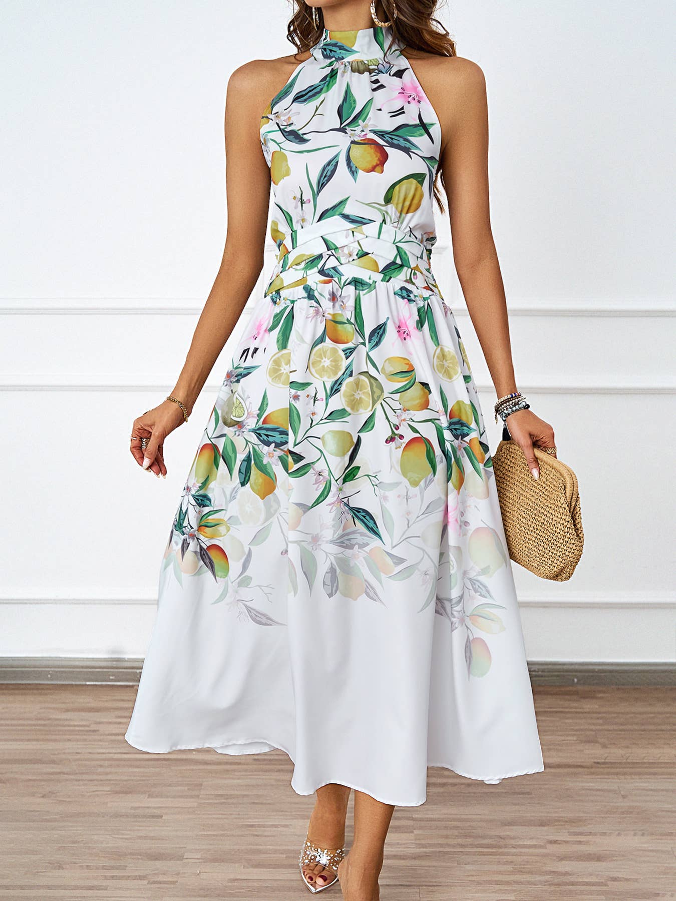 FASHION HALTER PRINT WAIST SLIMMING DRESS