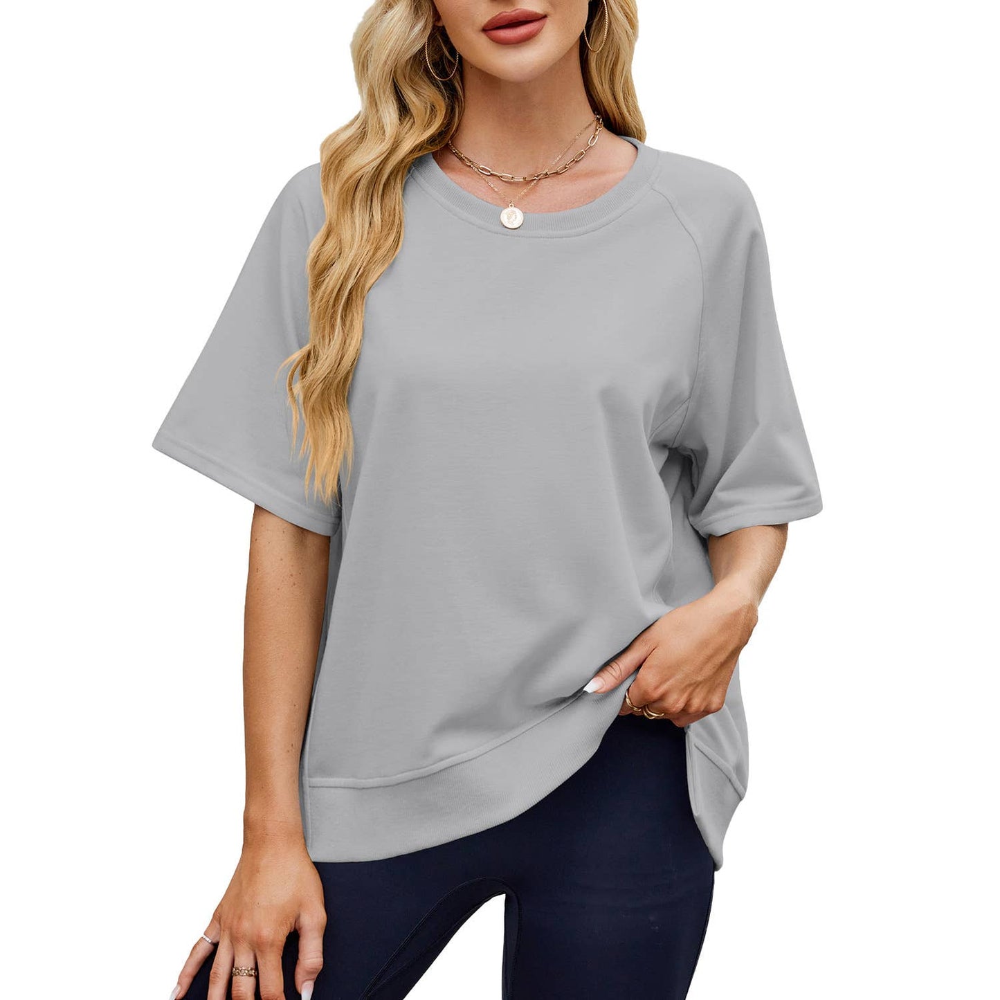 Solid color screw-neck loose short-sleeved hoodie