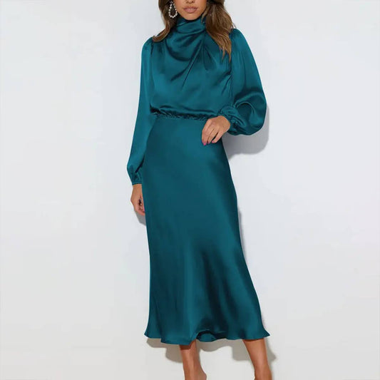 SOLID COLOR SATIN LONG SLEEVED LOOSE DRESS_CWDMD1311
