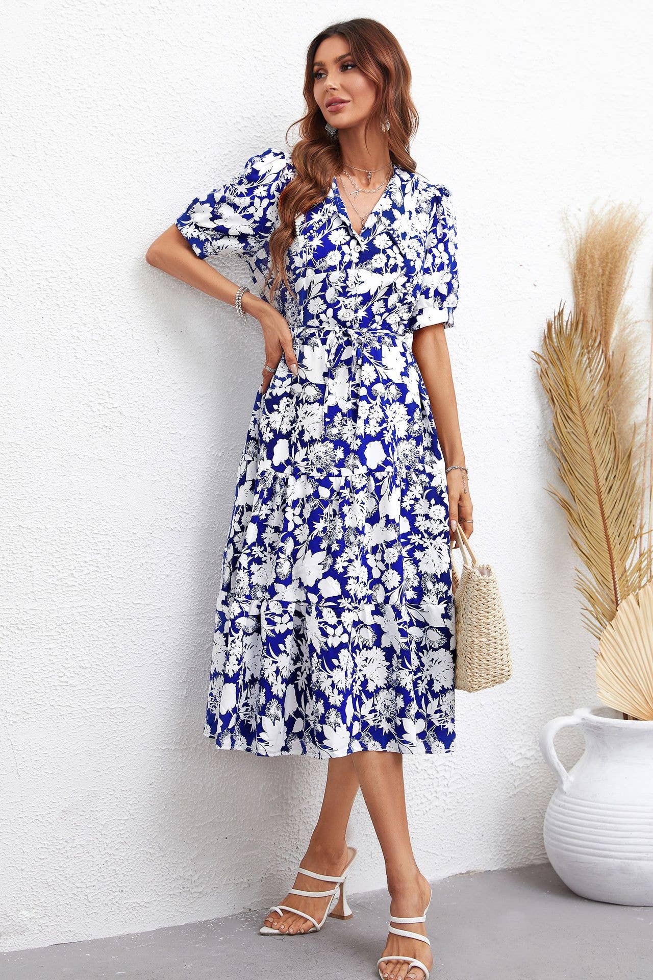 FASHION PRINT LAPEL STRAP WAIST WAIST LONG DRESS