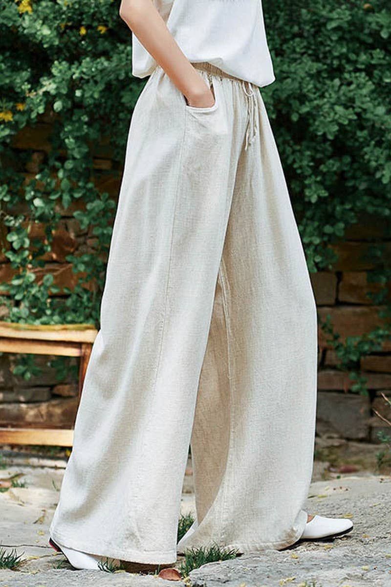 CWBLP1376_COTTON AND LINEN DRAWSTRING WIDE LEG PANTS