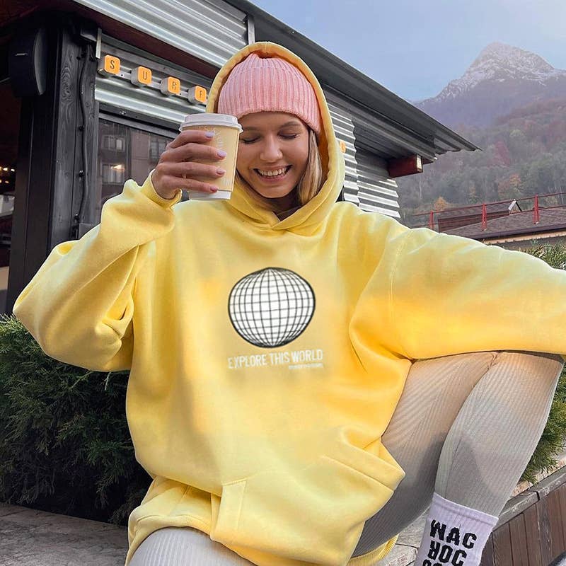 Letter-printed long-sleeved hooded hoodie for women