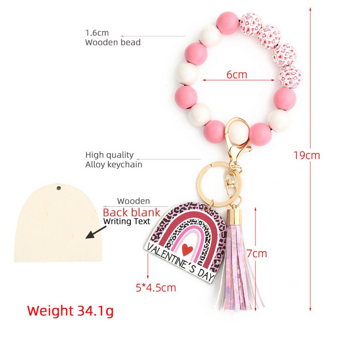 Heart Charm Wooden Bead Bracelet Keychain_CWAB5077