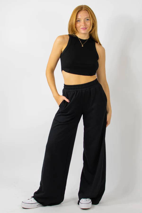 Simple stretched-waist straight-leg casual pants