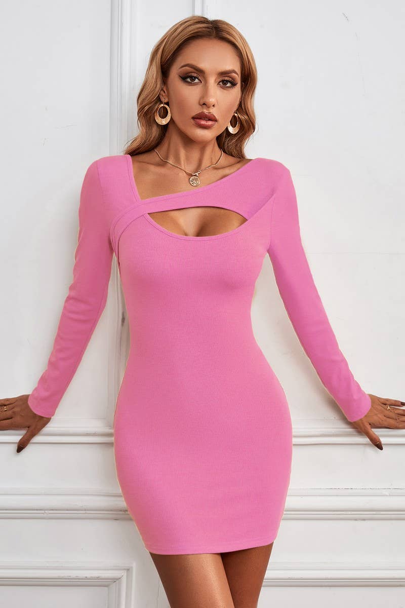 HOLLOW OUT IRREGULAR COLLAR WRAPPED HIP DRESS_CWDSD2730