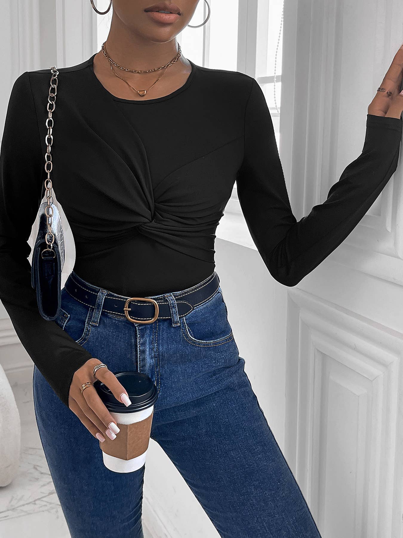 Solid-color knotted round-neck jumpsuit