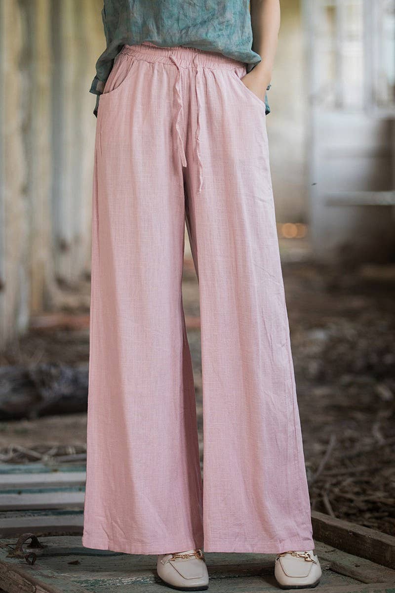 CWBLP1376_COTTON AND LINEN DRAWSTRING WIDE LEG PANTS