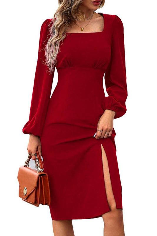 CWDMD4022_SIDE SLIT SQUARE NECK WAIST SLIMMING MIDI SKIRT