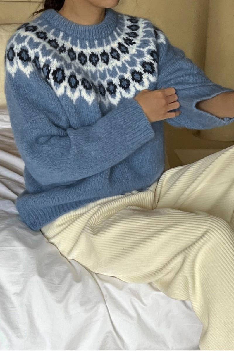 CWOSWL07113_ETHNIC LONG SLEEVE FAIR ISLE CREWNECK SWEATER