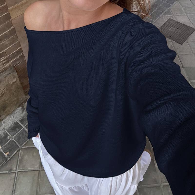 SOLID COLOR DIAGONAL SHOULDER PULLOVER SWEATER