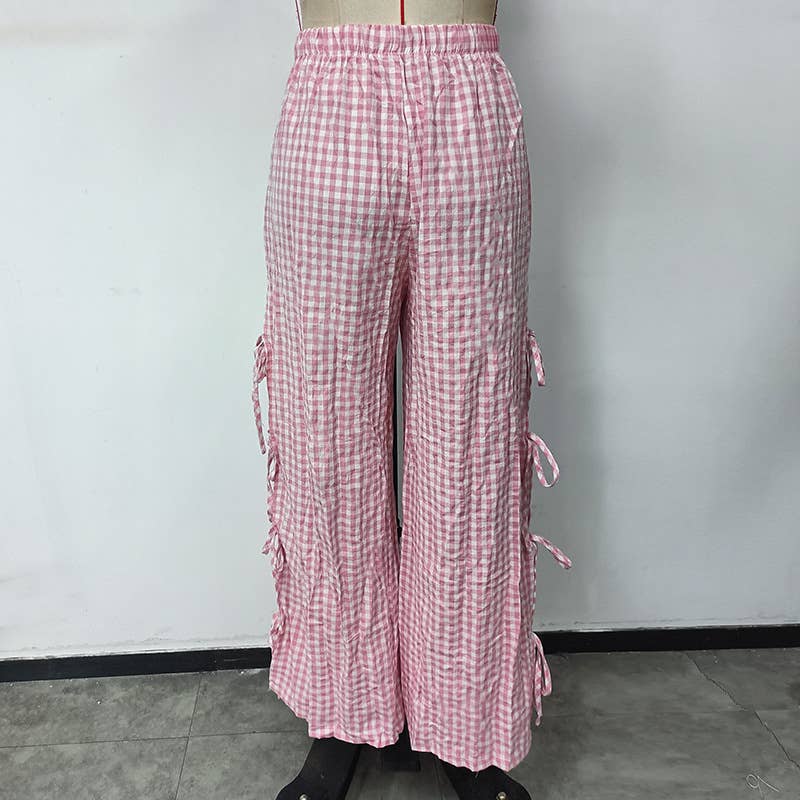 Stretched-waist checkered printed tie long pants