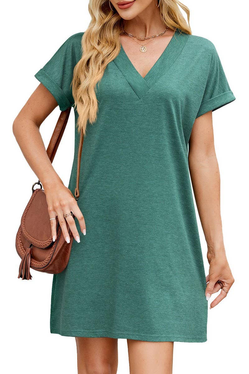 CWDSD8715_V-NECK COLORBLOCK SHORT SLEEVE CASUAL DRESS
