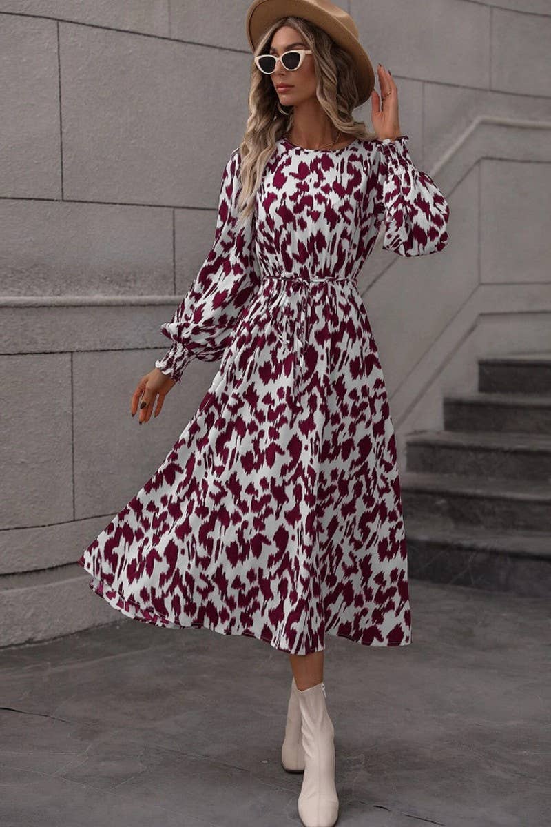 CWDSD6570_LEOPARD PRINT TIE LONG SLEEVE SWING DRESS