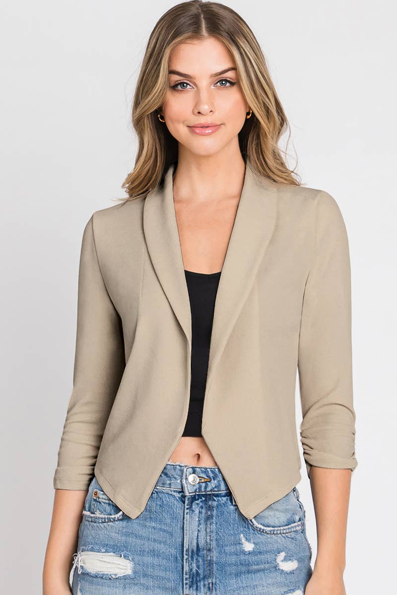 CWOBL108_SHAWL COLLAR SHORT BLAZER WITH SHIRRING SLEEVE