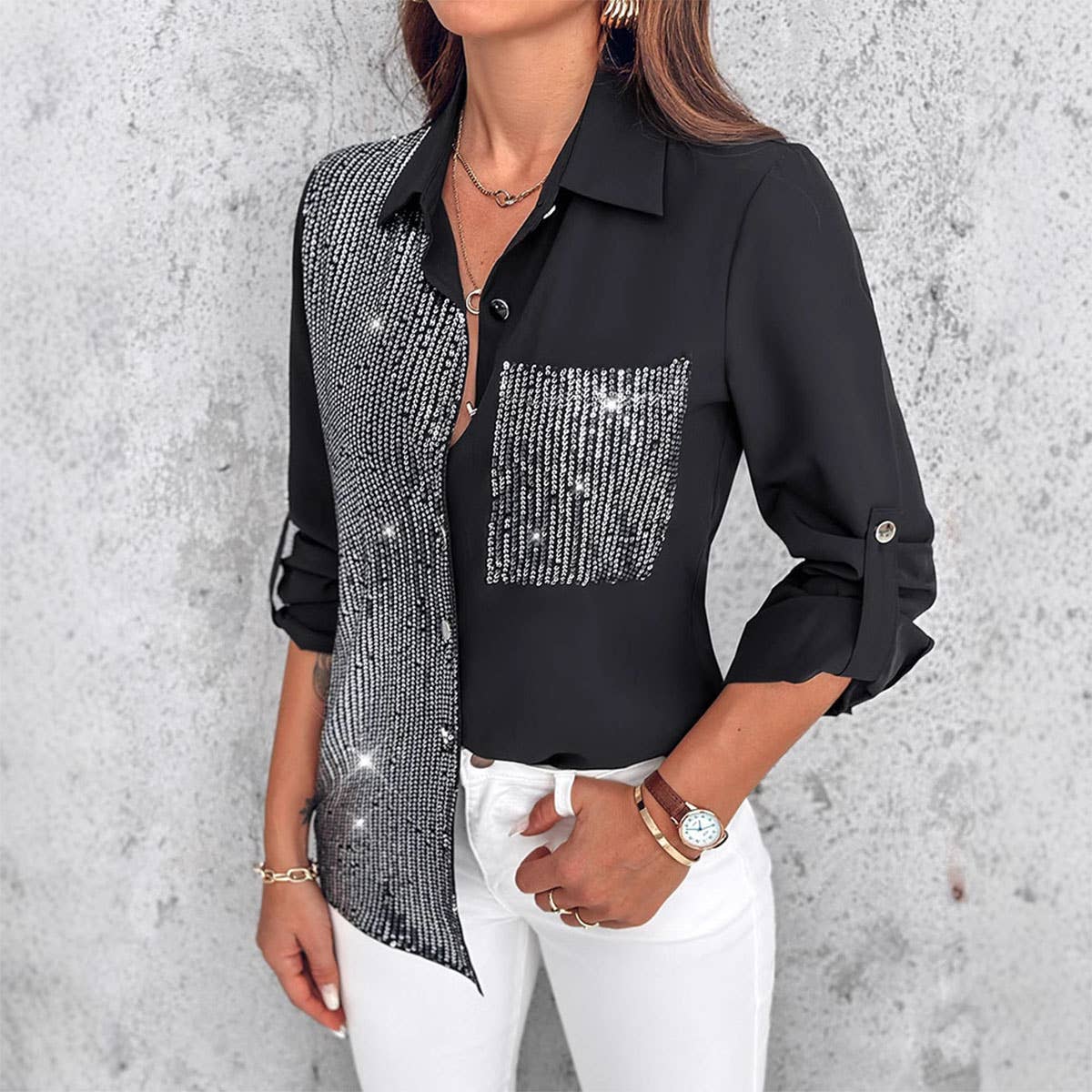 SOLID COLOR BEADED PATCHWORK LAPEL SHIRT