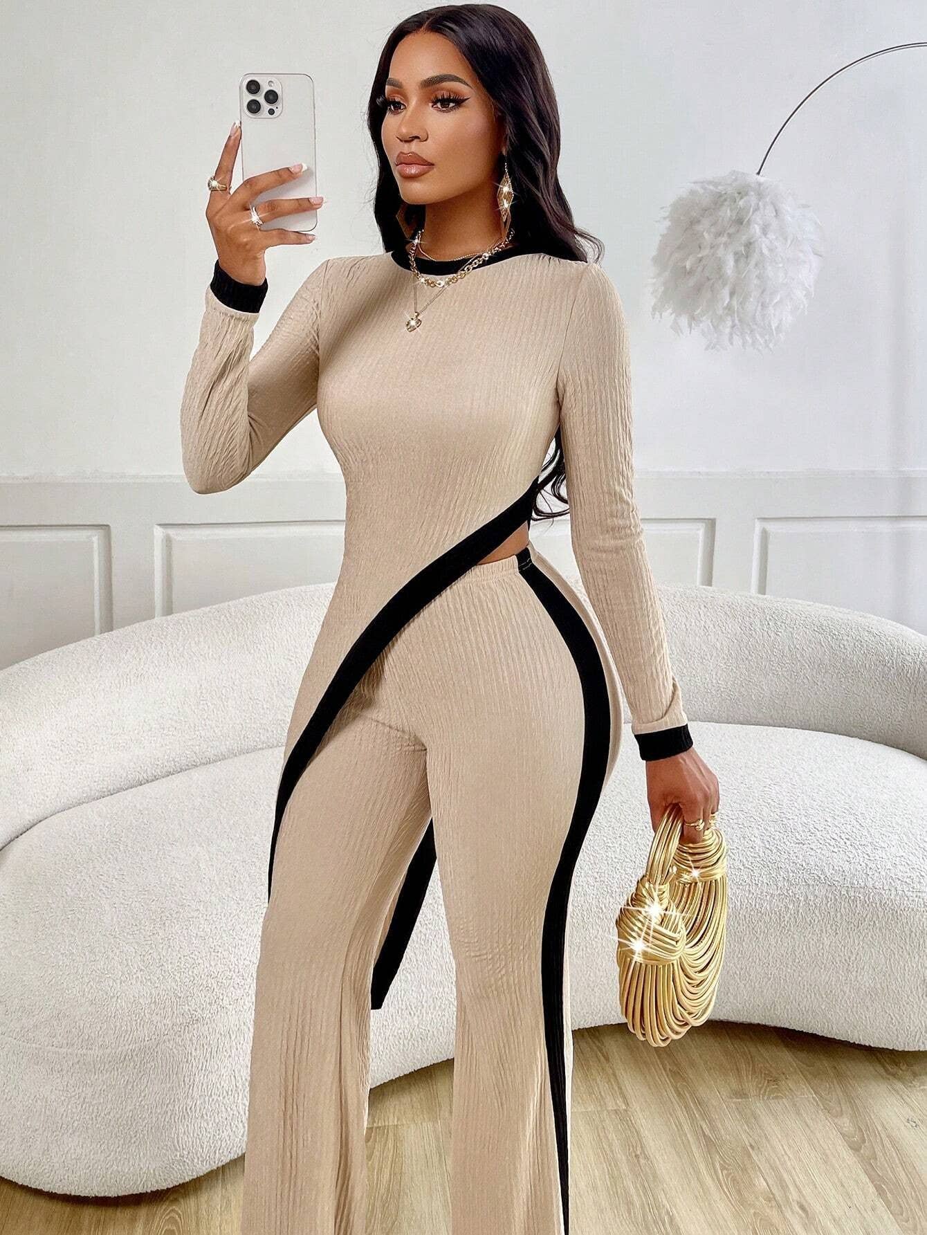 FASHION COLOR CONTRAST SHIRT PATCHWORK PANTS SUIT