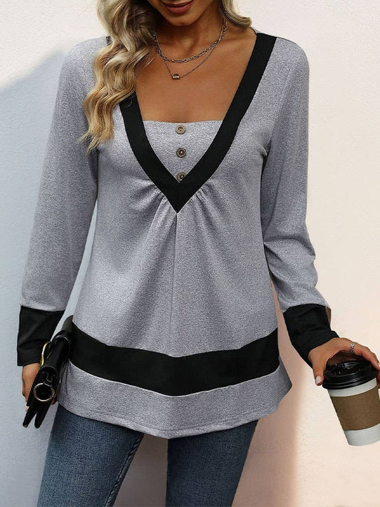 SIMPLE SOLID COLOR V-NECK LONG SLEEVE T-SHIRT