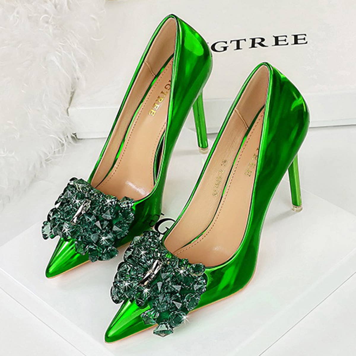 SHALLOW POINTED TOE CRYSTAL BOW HIGH HEELS