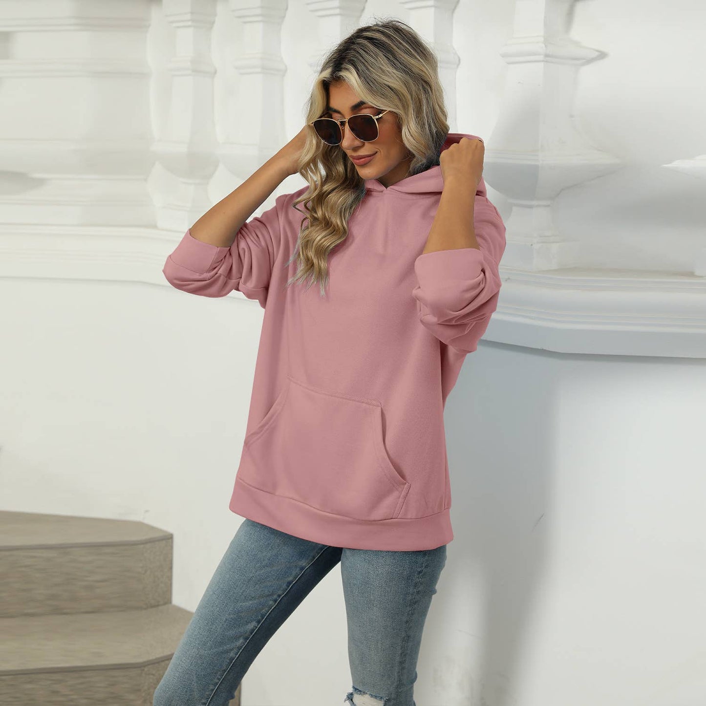 CASUAL HOODED POCKET HOODIE SOLID COLOR TOP_cwtstl1553