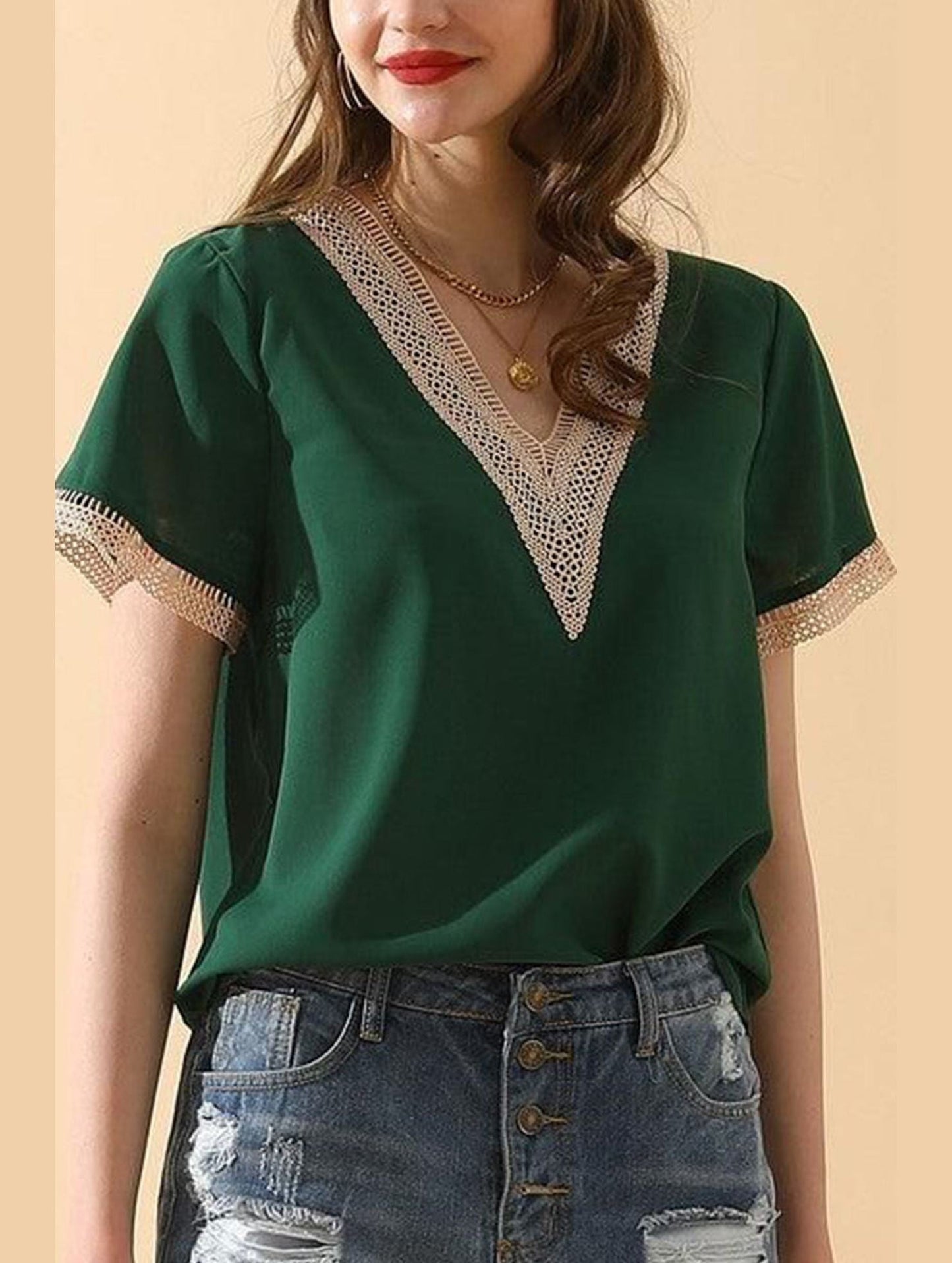 V NECK LACE POINT SHORT SLEEVE BLOUSE TOP