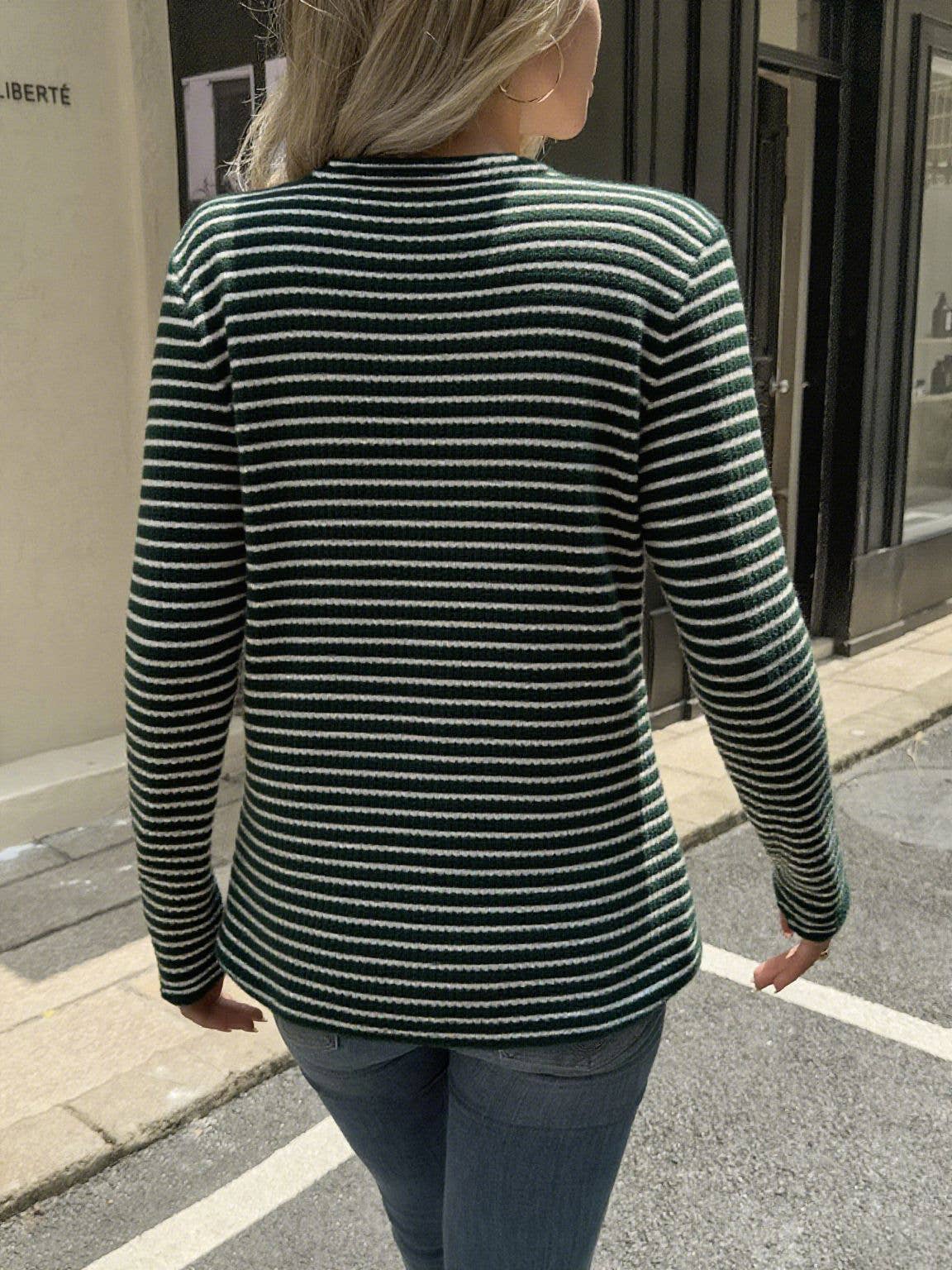 Teak striped V-neck long-sleeved T-shirt