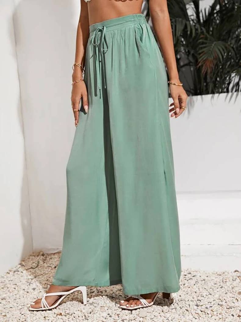 Solid-color loose tight waistband wide-leg pants
