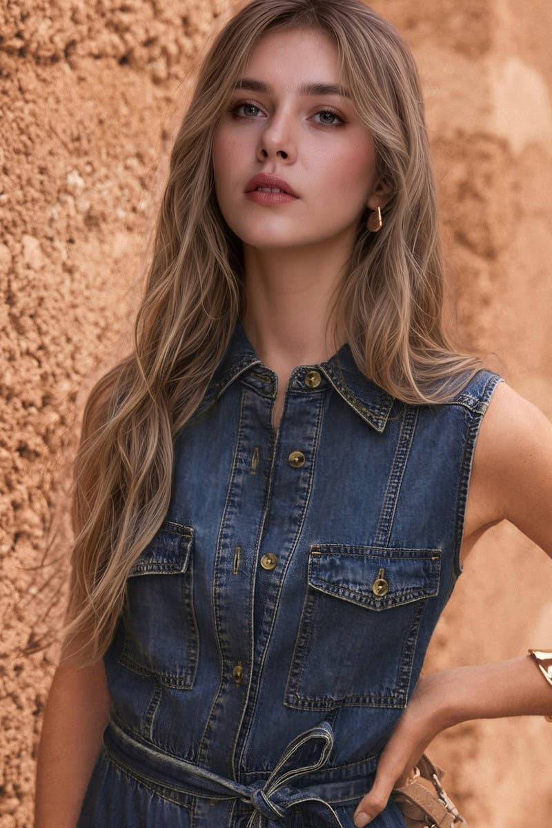 CWDMD6375_SLEEVELESS DENIM SINGLE BREASTED LONG DRESS