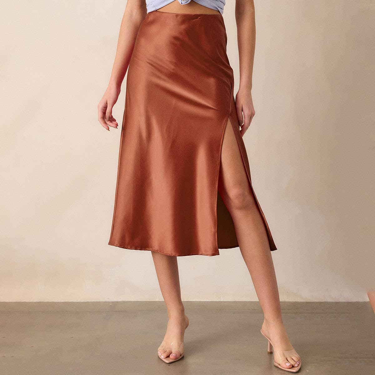 SATIN SKIRT HIGH WAIST ELASTIC SLANTED LONG SKIRT